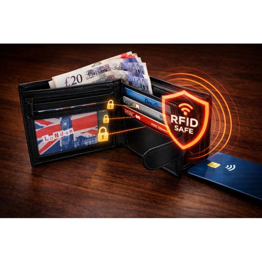 Men's Genuine Leather RFID Blocking Bifold Wallet – 7 Card Slots, ID Window, Zip Coin Pocket & Note Pockets | Slim Black Wallet for Men | Free UK Delivery