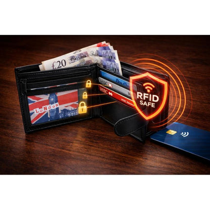 Men's Genuine Leather RFID Blocking Bifold Wallet – 7 Card Slots, ID Window, Zip Coin Pocket & Note Pockets | Slim Black Wallet for Men | Free UK Delivery