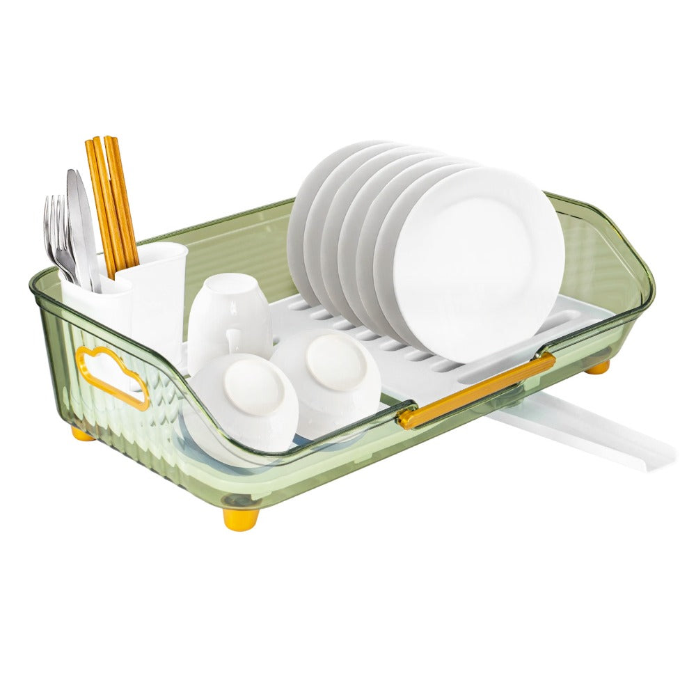 1pc Dish Drying Rack with Handle & Drainboard - Space-Saving Compact Design with Utensil Holder, Durable Plastic Construction, Easy to Clean & Move - Over Sink or Countertop Use for Small Kitchens, Apartments, RVs - Modern White & Golden Kitchen Organizer