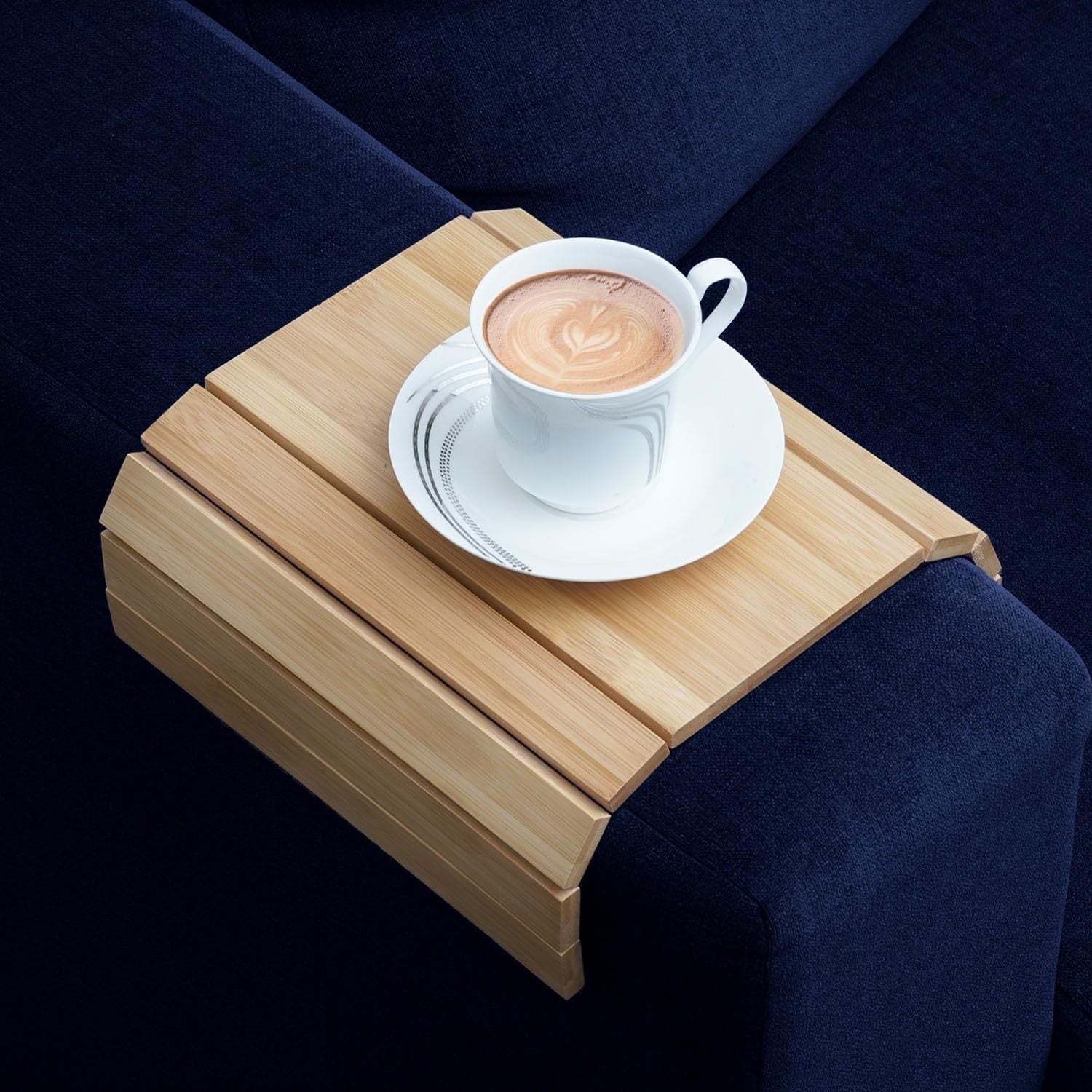 Foldable Bamboo Sofa Arm Tray - Non-Slip Backing