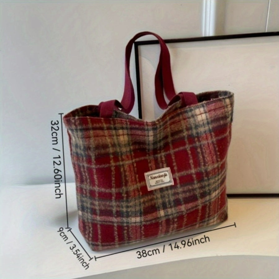 One Women'S Spacious Plaid Shoulder Bag Made of Tweed Fabric, Featuring a Zipper Closure, an Adjustable Shoulder Strap, And Lining. Available in Red, Black, And Blue Plaid Designs, It Is Machine Washable And Perfect for Work, Daily Use