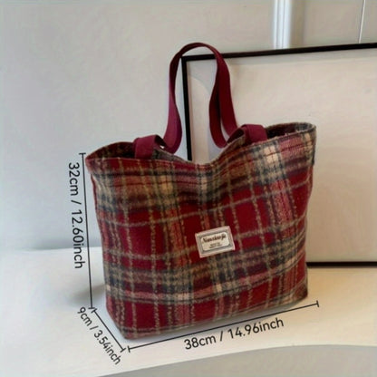 One Women'S Spacious Plaid Shoulder Bag Made of Tweed Fabric, Featuring a Zipper Closure, an Adjustable Shoulder Strap, And Lining. Available in Red, Black, And Blue Plaid Designs, It Is Machine Washable And Perfect for Work, Daily Use