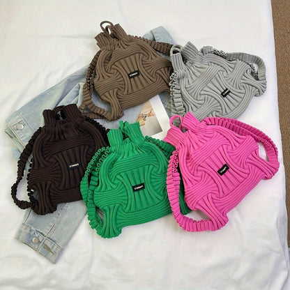 Casual Knitted Woven Handbag with Drawstring And Hand-Held Bag A Japanese And Korean Style A Stylish Soild Bag