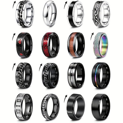 16pcs 201 Stainless Steel Men's & Women's Rotating Rings Suitable for Wedding, Engagement, Daily Wear - Black & Chain Style Matching Set, Affordable Gift for Him and Her