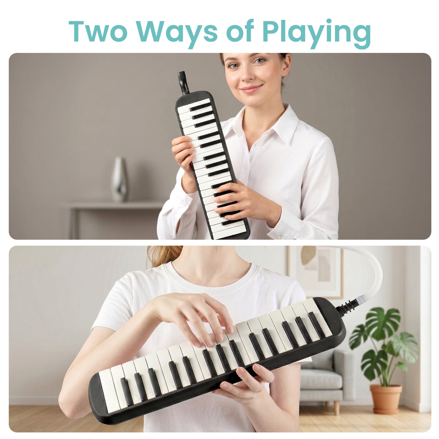 32-Key Soprano Melodica Air Piano Keyboard with Soft Long Tube & Short Mouthpiece, Durable ABS Material, Portable Beginner Instrument with Carrying Bag, Available in Black, Blue, Pink