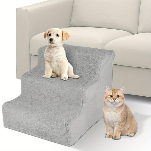 3-Step Pet Stairs Dog Steps with Washable Non-Slip Plush Cover – Lightweight Foldable Pet Ladder for Sofa Bed & Car, Reduces Joint Strain for Dogs & Cats, Black Yellow Grey