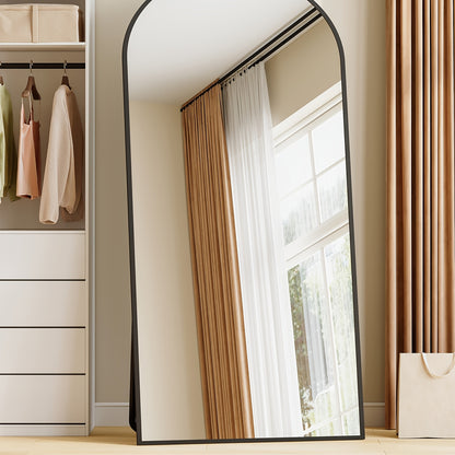 Arched Floor Mirror with Stand | Tempered Glass, Aluminium Alloy Frame, Black, Modern Style, Suitable for Bedroom and Living Room Entry, Vertical Orientation, HZUANERI Brand