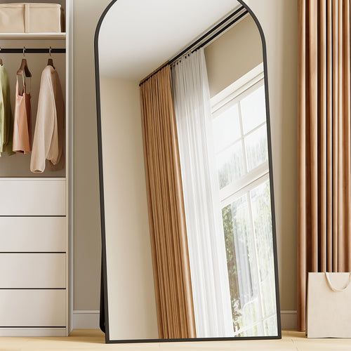 Arched Floor Mirror with Stand | Tempered Glass, Aluminium Alloy Frame, Black, Modern Style, Suitable for Bedroom and Living Room Entry, Vertical Orientation, HZUANERI Brand