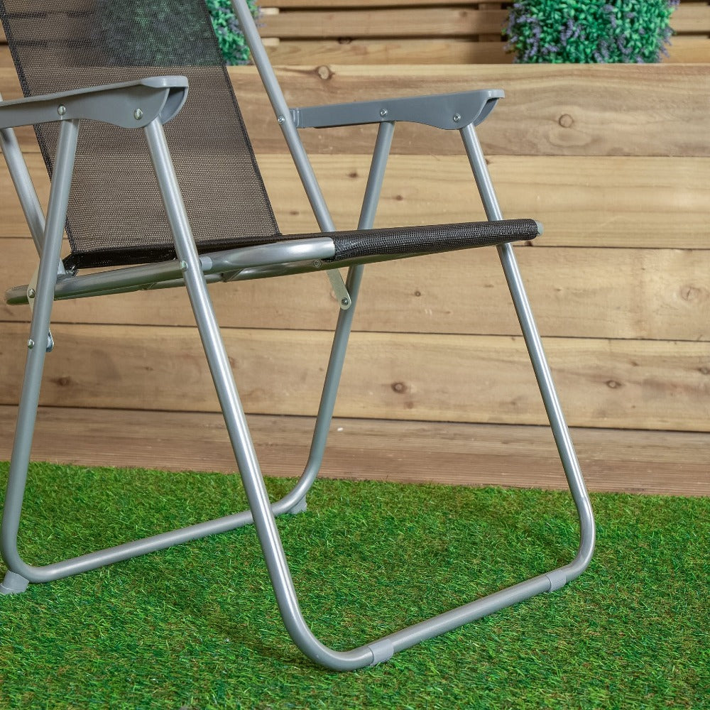 Pack of 2 Foldable Garden Chairs Powder-Coated Grey Metal Frame Black Fabric Seat Lightweight Portable Outdoor Folding Chair