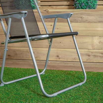 Pack of 2 Foldable Garden Chairs Powder-Coated Grey Metal Frame Black Fabric Seat Lightweight Portable Outdoor Folding Chair