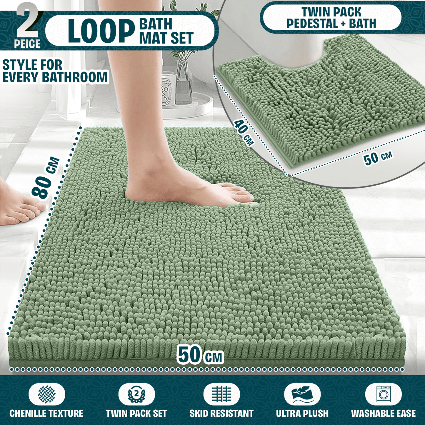 2-Piece Loop Bathroom Mat Set | Soft Chenille Microfiber Rugs with Non-Slip Backing | Machine Washable | Includes 50x80cm Bath Mat & 50x40cm Pedestal Mat | Stylish, Comfy & Durable | UK STOCK | LOCAL WAREHOUSE