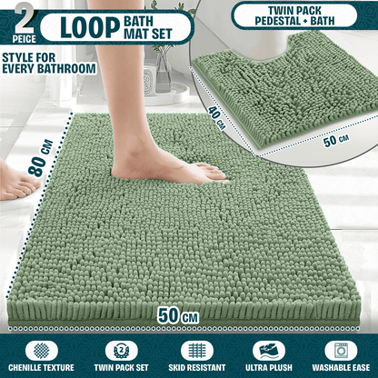 2-Piece Loop Bathroom Mat Set | Soft Chenille Microfiber Rugs with Non-Slip Backing | Machine Washable | Includes 50x80cm Bath Mat & 50x40cm Pedestal Mat | Stylish, Comfy & Durable | UK STOCK | LOCAL WAREHOUSE