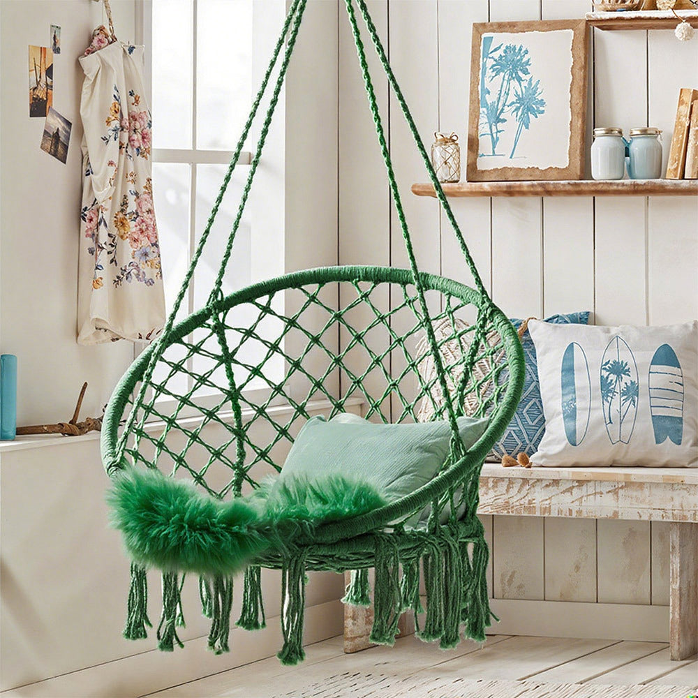 Balcony Rocking Chair, Courtyard Woven Hanging Basket, Hanging Cotton Rope Iron Ring Hanging Chair, Suitable for Indoor, Outdoor, Home, Balcony, Courtyard, Garden, Maximum Load Capacity: 200kg, Material: Iron Ring, Cotton Rope (No Include Cushion)