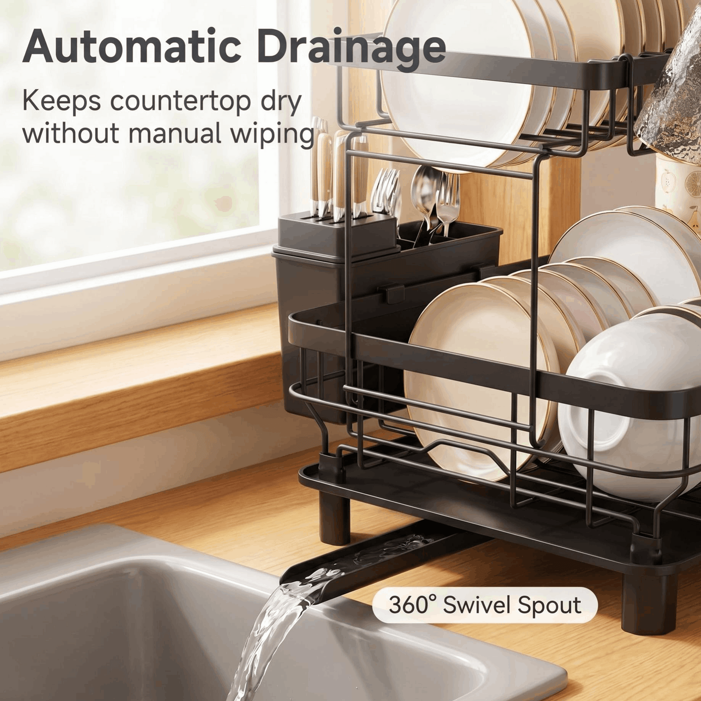 2 Tier Dish Drainer Rack Black Kitchen Counter Dish Storage Rack with Drip Tray Utensil Holder