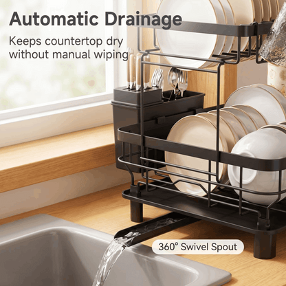 2 Tier Dish Drainer Rack Black Kitchen Counter Dish Storage Rack with Drip Tray Utensil Holder