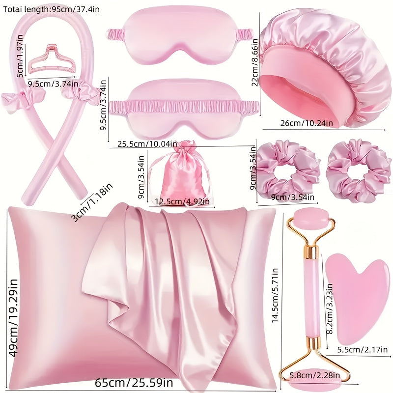 13pcs Sleep Hairstyle Design Tool Set | Curler And Facial Massager, Pillowcase, No Heat Curling Kit, Overnight Curler, Sleeping Eye Mask, Women'S Face Roller Light Beige Care Tools Black/Pink/Purple 3 Colors for Choose