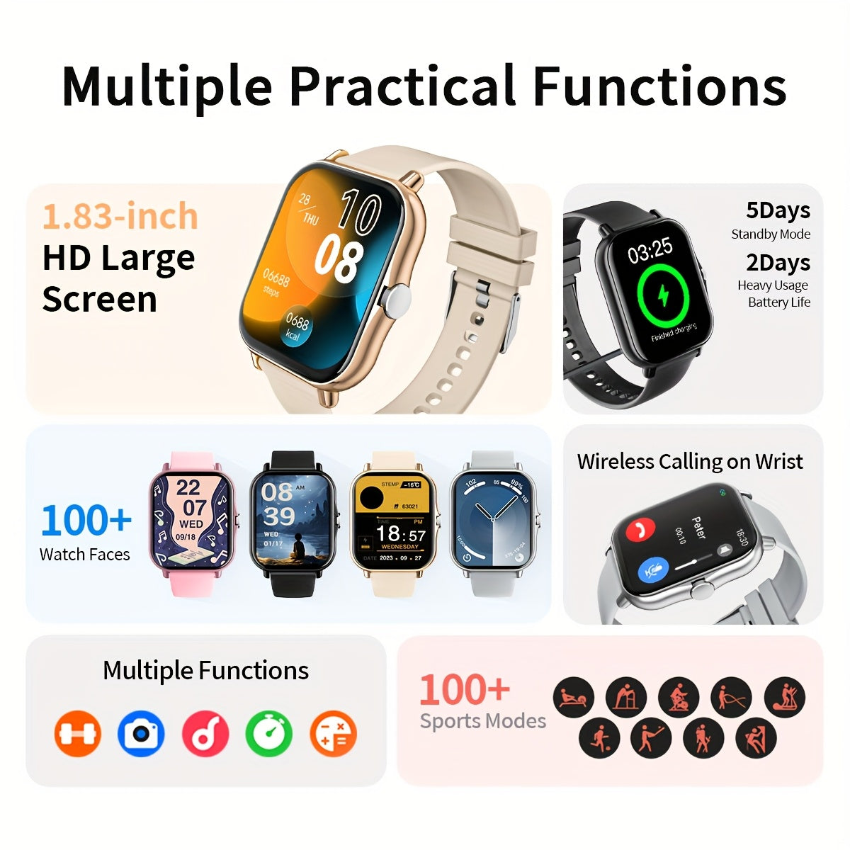 1.83-Inch Smart Watch - Unisex Fitness Tracker - Wireless Calling, Music Play, Weather Forecast - Call Alerts, App Notifications, Versatile Watch Faces - Perfect Gift for Labor Day, Back to School & Christmas - Stylish Sporty Design