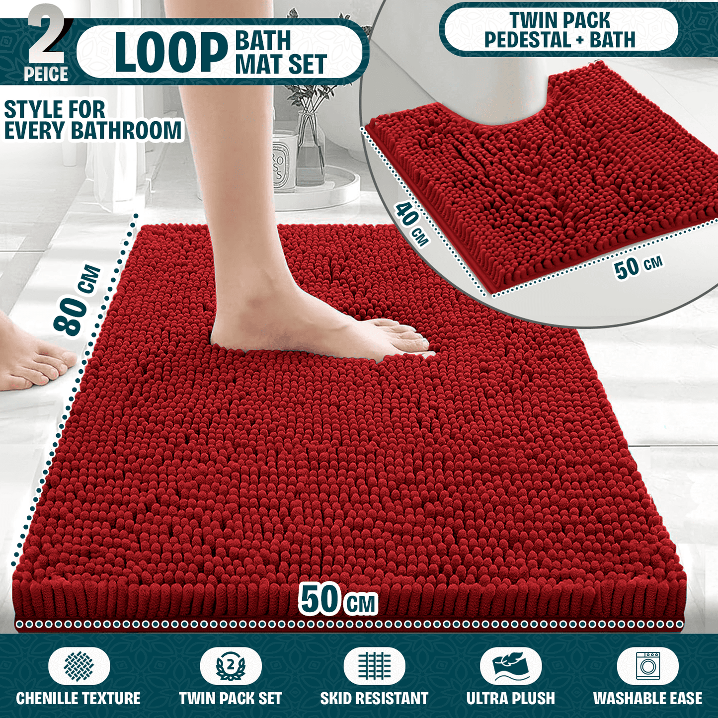 2-Piece Loop Bathroom Mat Set | Soft Chenille Microfiber Rugs with Non-Slip Backing | Machine Washable | Includes 50x80cm Bath Mat & 50x40cm Pedestal Mat | Stylish, Comfy & Durable | UK STOCK | LOCAL WAREHOUSE