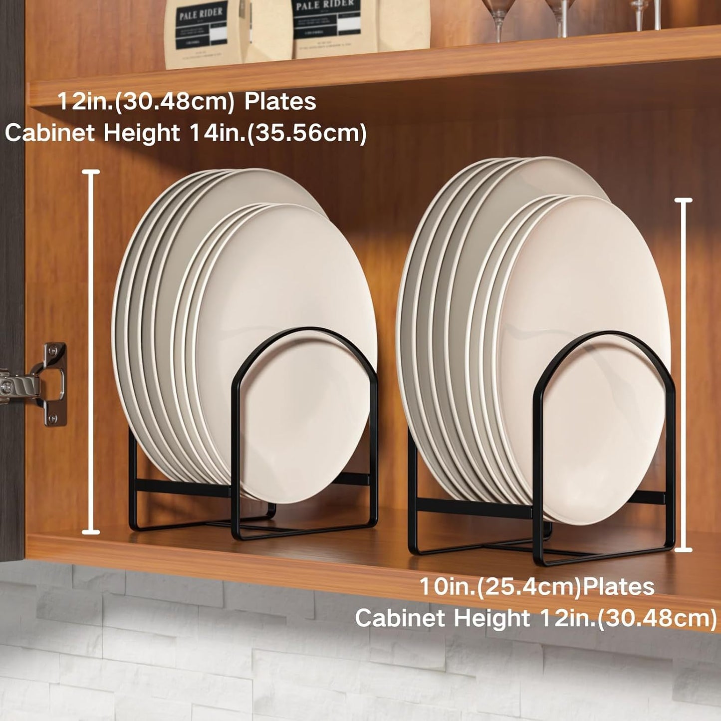 4 Pack Kitchen Plate Holder Organiser, Metal Dish Storage Rack for Cabinet, Cupboard & Countertop, Space Saver Upright Dish Drying Stand – 2 Large & 2 Small, Black