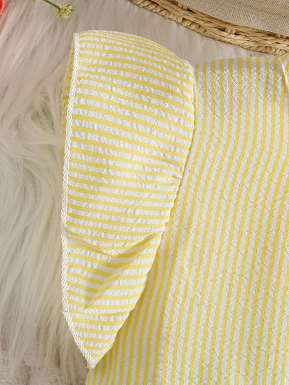 New Summer Style Girls' Colorblock Striped Dress, Cute Flutter Sleeve Dress, Summer Casual Dress, Summer Children's Clothing, Casual Daily Wear, Sweet and Adorable Girls' Dress, Girls' Clothes, Easter