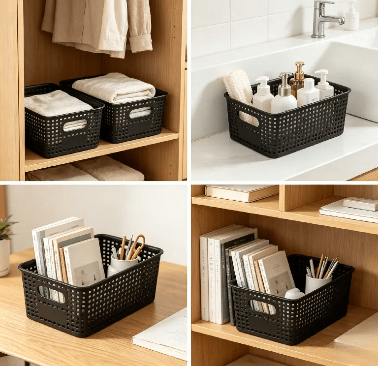 6-Pack Black Stackable Storage Bins with Bamboo Lids – Modern Lidded Plastic Boxes for Kitchen, Bathroom, Office, or Wardrobe Organization