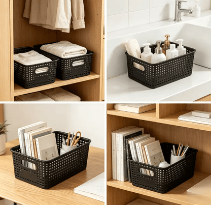 6-Pack Black Stackable Storage Bins with Bamboo Lids – Modern Lidded Plastic Boxes for Kitchen, Bathroom, Office, or Wardrobe Organization