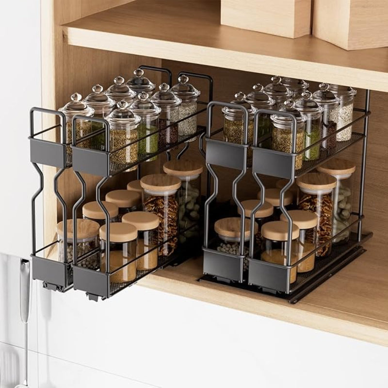 2 Tier Pull Out Spice Rack for Inside Cupboard, Sliding Spice Rack Cabinet Organiser Rack Metal Seasoning Rack Free Standing, Black