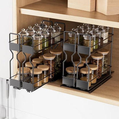 2 Tier Pull Out Spice Rack for Inside Cupboard, Sliding Spice Rack Cabinet Organiser Rack Metal Seasoning Rack Free Standing, Black