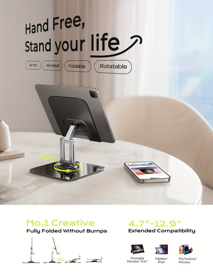 2PCS Set (1x Heavy-Duty Adjustable Tablet Stand & 1x Allen Key) - 360° Rotating Base, Foldable Design, All-Metal Construction, Ergonomic Desk Holder for iPad, Tablet, Phone & Laptop, Sturdy & Stable, Ideal for Office & Home Use