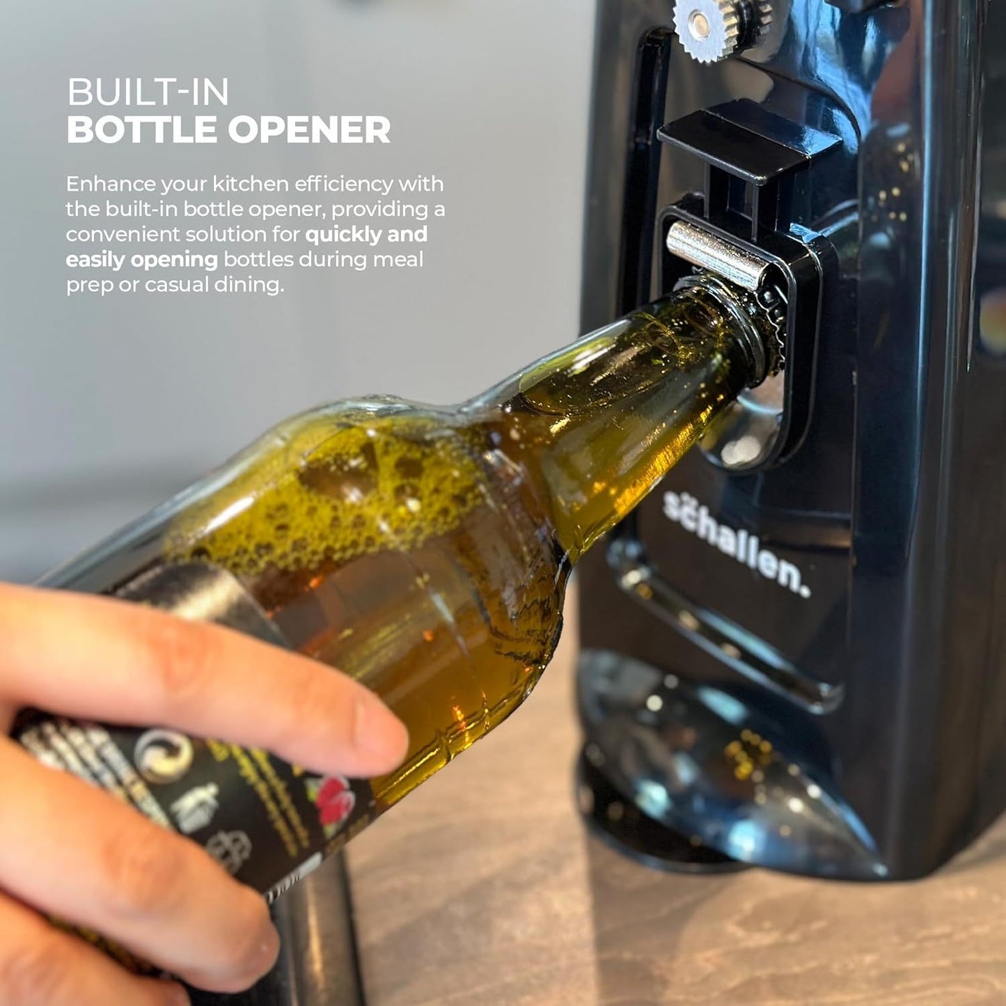 Schallen Electric Can Opener Automatic 3-in-1 Kitchen Appliance with Hands-Free Can Opening, Built-In Bottle Opener & Knife Sharpener | Electric Tin Opener for Easy Opening Cans, Jars, and Bottles | Hidden Power Cord Storage | Stainless Steel Durable Kitc
