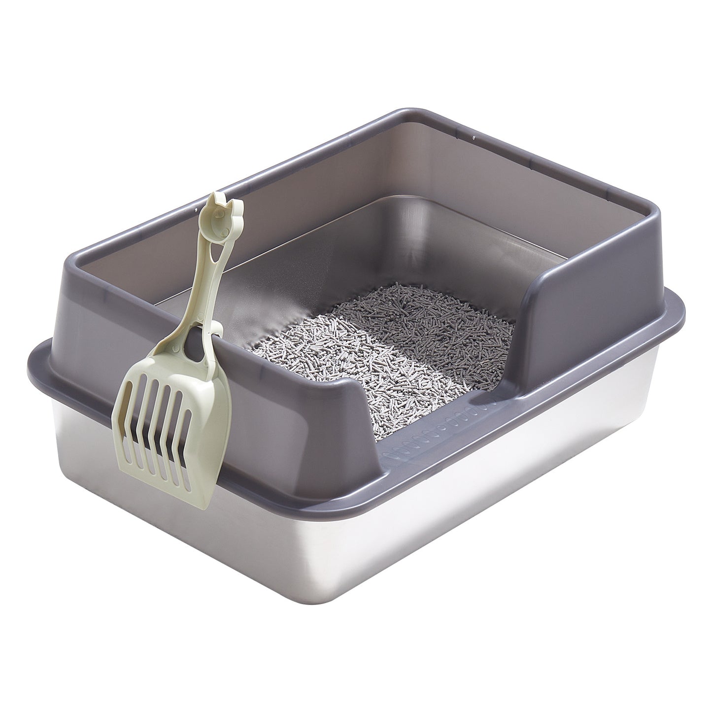 XL Stainless Steel Cat Litter Box, Large Cat Litter Tray with High Sides Anti Leakage, Odor Control, Metal Litter Box with Anti-slip Bottom, Easy Cleaning Kitten Litter Tray for Cats, Black Grey