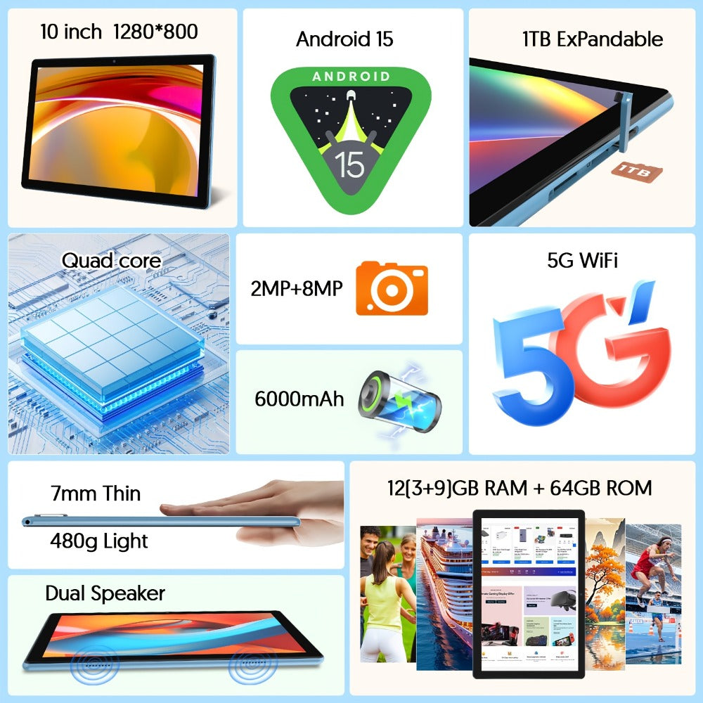 10 Inch Android 15 Tablet 12GB RAM 64GB ROM 1TB Expandable - Quad-Core 5G WiFi 6000mAh Dual Camera with Keyboard Mouse Case Stylus Option Blue