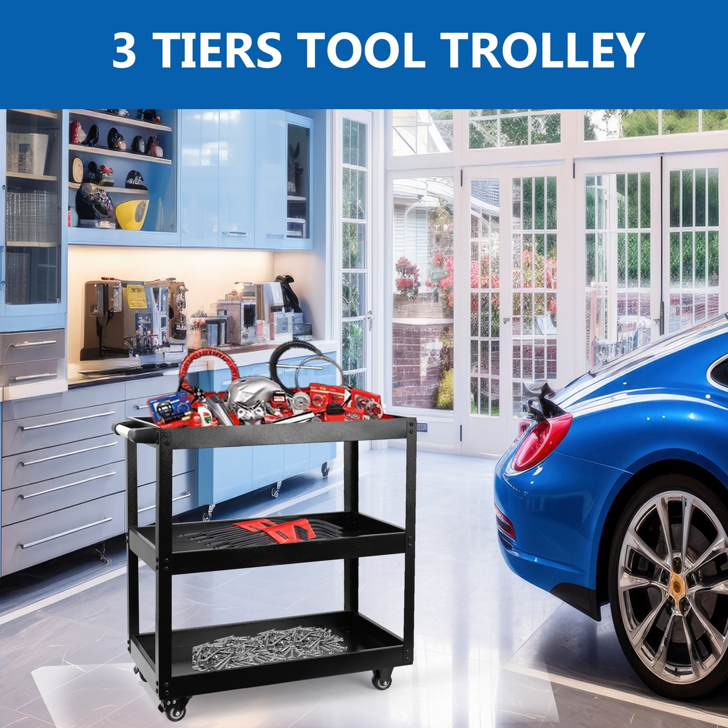 3 Tier Shelf Tool Trolley Cart ool Storage Trolley Bearing Wheel Heavy Duty Garage DIY Storage Trolley for Transport Tools Workshop