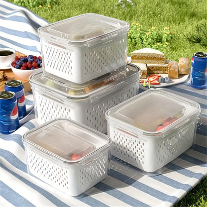 9pcs (3 Containers + 3 Lids + 3 Draining Baskets) Plastic Food Storage Containers - Leak-Proof, Freezer-Safe, Reusable Multi-Purpose Kitchen Storage Boxes, Suitable for Fruits, Vegetables, and most of Food