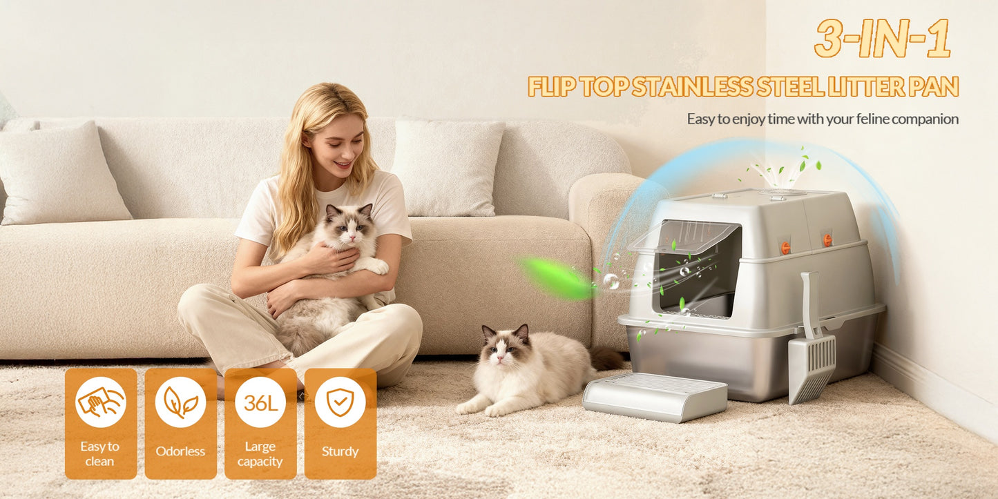 Stainless Steel Litter Tray with Lid, Enclosed Litter Box, Hinged Lid for Easy Cleaning, Includes Pedal And Scoop, Modular Design, 61L X 41W X 40H Cm, Light Grey