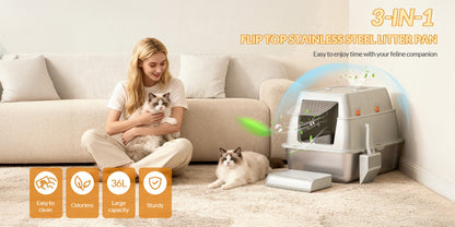 Stainless Steel Litter Tray with Lid, Enclosed Litter Box, Hinged Lid for Easy Cleaning, Includes Pedal And Scoop, Modular Design, 61L X 41W X 40H Cm, Light Grey