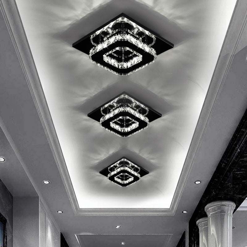 Contemporary Mini Crystal Chandelier, Square Single-layer LED Crystal Ceiling Light, Plain Crystal Ceiling Lighting Chrome Crystal Pendant, 12W 6000K Cold White Light, for Living Room Kitchen Office Bedroom Dining Room Island, 21*21cm/ 8.27*8.27inch.