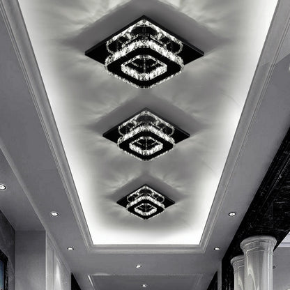 Contemporary Mini Crystal Chandelier, Square Single-layer LED Crystal Ceiling Light, Plain Crystal Ceiling Lighting Chrome Crystal Pendant, 12W 6000K Cold White Light, for Living Room Kitchen Office Bedroom Dining Room Island, 21*21cm/ 8.27*8.27inch.