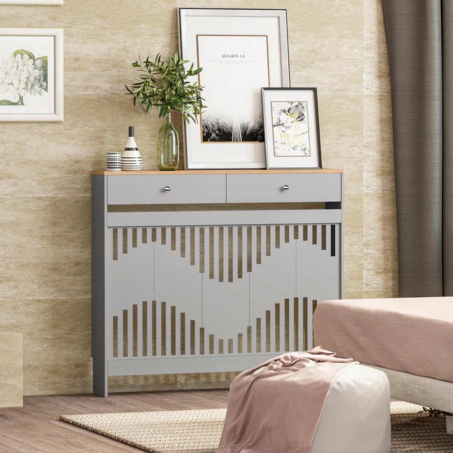 Modern White MDF Wood Radiator Cover with Drawers - Contemporary Style, Great Choice for Living Room, Bedroom, Hallway, Suitable for Placing Decorative Items and Storing Small Objects.