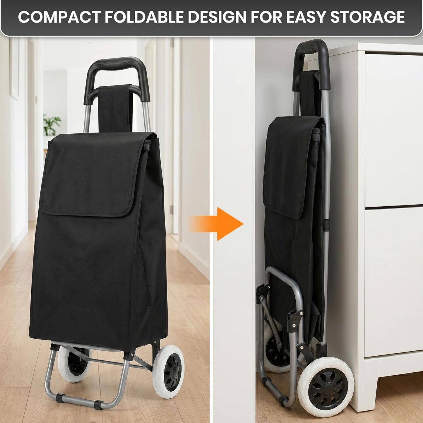 59L Folding Shopping Trolley on Wheels, Lightweight Foldable Grocery Cart with Large Waterproof Bag & Zipped Pocket for Grocery Shopping, Travel & Camping (Black)