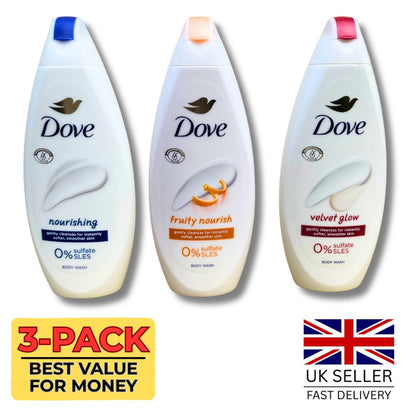 Dove Body Wash Trio 3-Pack (3x225ml/675ml Total) Favourites Collection | Full Size Liquid Cleanser Set | Variations: Velvet Glow, Deeply Nourishing, Fruity Nourish | Gentle Moisturizing Daily Skincare Gel for Women | Ideal for Bathing, Pampering, Hydratin