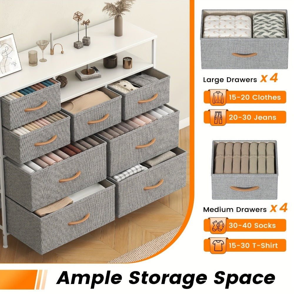8 Drawer Chest of Drawers with Fabric Fronts & Wooden Top – Large Storage Dresser Organiser Unit for Bedroom & Living Room