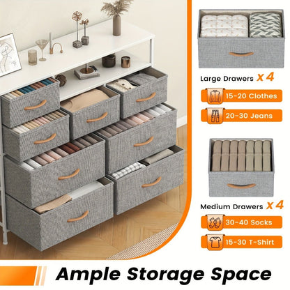 8 Drawer Chest of Drawers with Fabric Fronts & Wooden Top – Large Storage Dresser Organiser Unit for Bedroom & Living Room