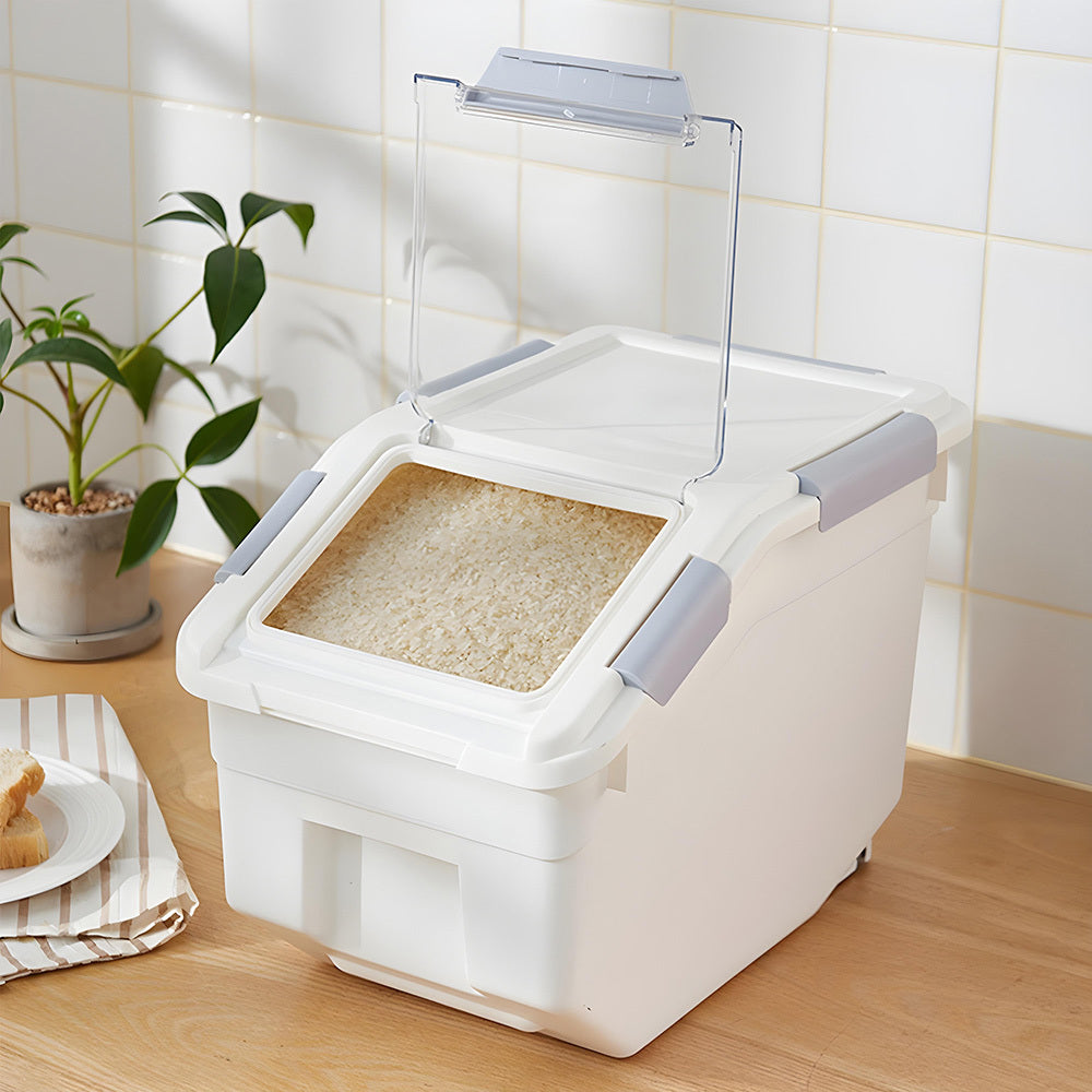 Rice Dispenser 10kg with Scoop, PP Rice Storage Container with Lid & Wheels for Dog & Cat Food, Flour, Cereal, Nuts, Beans, Kitchen Storage Box, Grey/ Green, 35*20*26CM