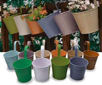 Trendi Set of 10 Metal Hanging Plant/Flower Pots Planters With Drainage Hole, Balcony Planters Fence Garden Home Decor Detachable Hook Coloured Planters (10)