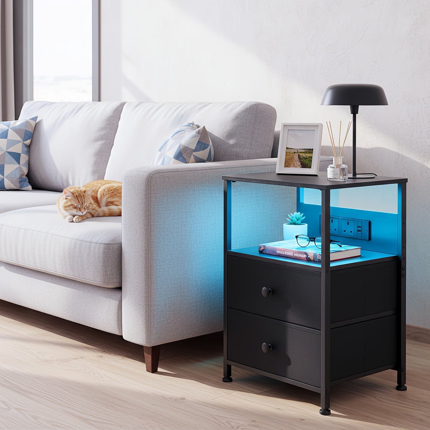AMHANCIBLE 1/2pcs Bedside Table with 2 Fabric Drawers, End Table with LED Lighting And Charging Station, Side Table for Bedroom, Living Room, Hallway, Easy Assembly