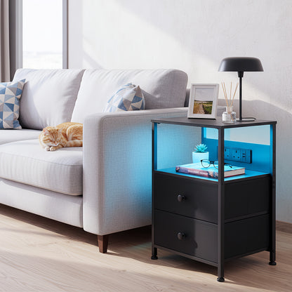 AMHANCIBLE 1/2pcs Bedside Table with 2 Fabric Drawers, End Table with LED Lighting And Charging Station, Side Table for Bedroom, Living Room, Hallway, Easy Assembly