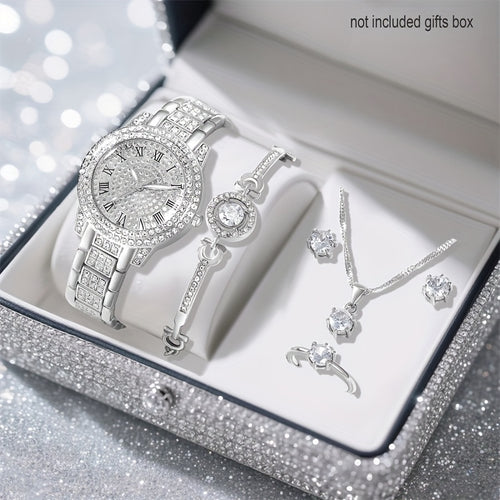 6pcs New Ladies' Gorgeous And Fashionable Silvery Quartz Watch+ New Silvery Jewelry Set Valentine'S Day, Easter, Ramadan, Wedding, Birthday Party, Christmas Horror, Halloween, Give Friends Gifts Eid Al Adha