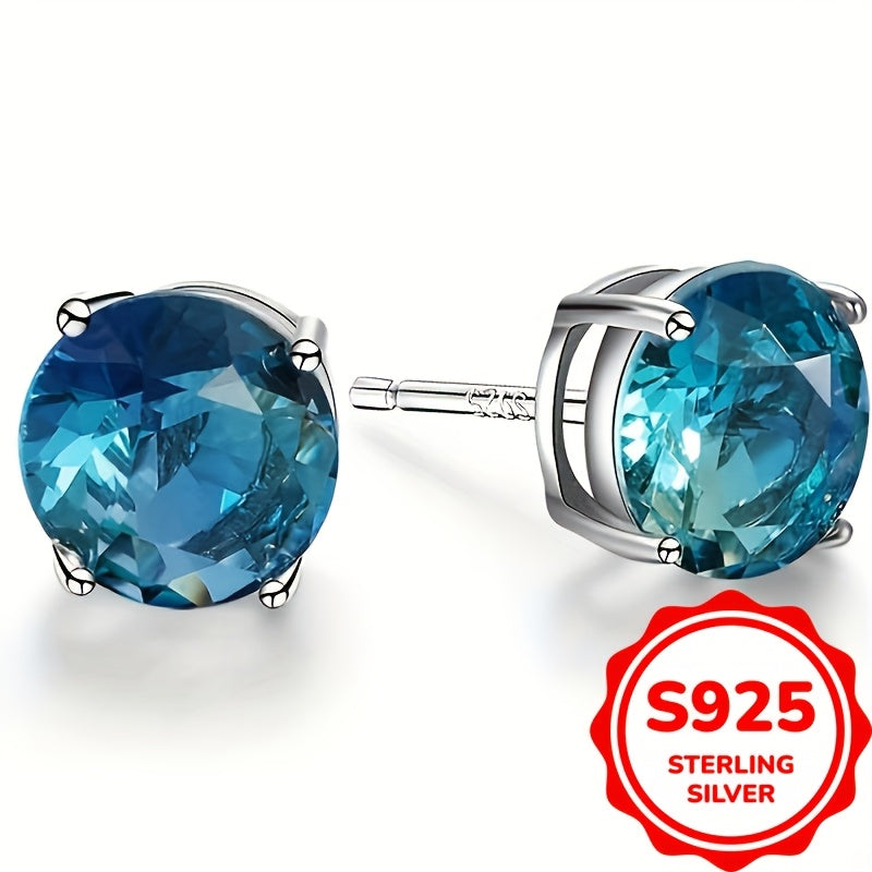 [Sterling Silver Earrings] 925 Earrings, Color Earrings, Multi-Color Anti-Allergy, 678 Mm Round Single Gem Earrings, Suitable for Women And