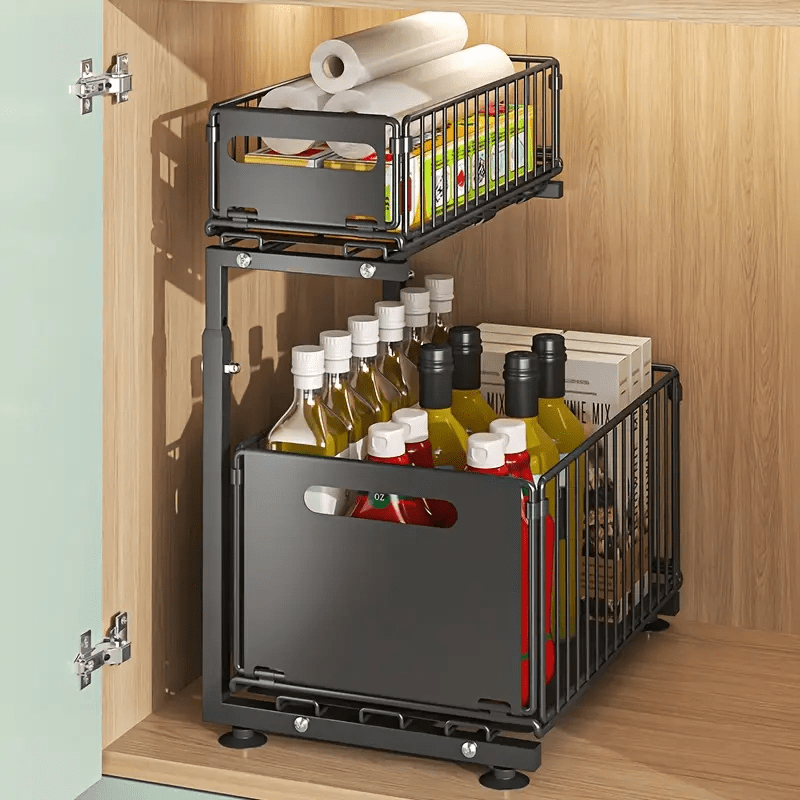 Metal 2- Tier Slide- Out Under Sink Organizer Basket - Heavy- Duty Pull- Out Storage Rack with Adjustable Height, Sliding Drawers- Space- Saving Kitchen Cabinet Organizer for Utensils, Spices, Cleaning Supplies - Home Organization
